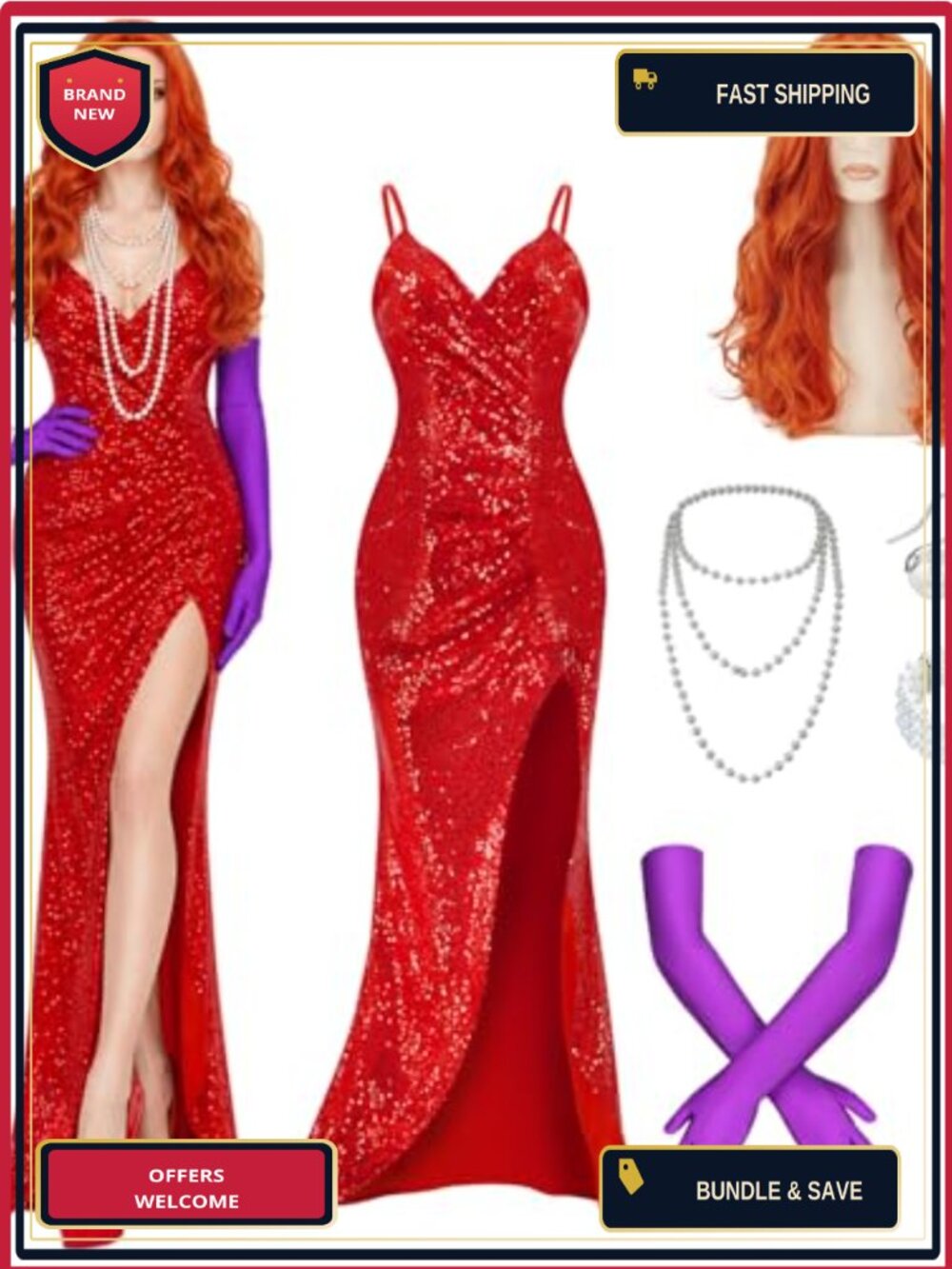 Jessica Rabbit Costume Sequin Dress Wig Gloves Necklace 7-Piece Set